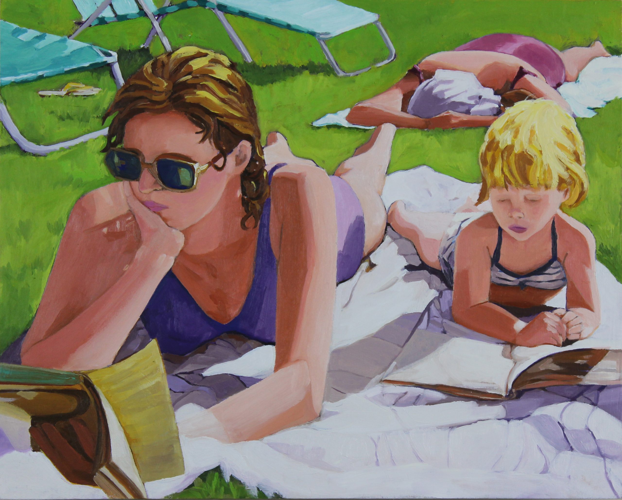 a painting of a woman and a young girl lying on a blanket in the grass and reading